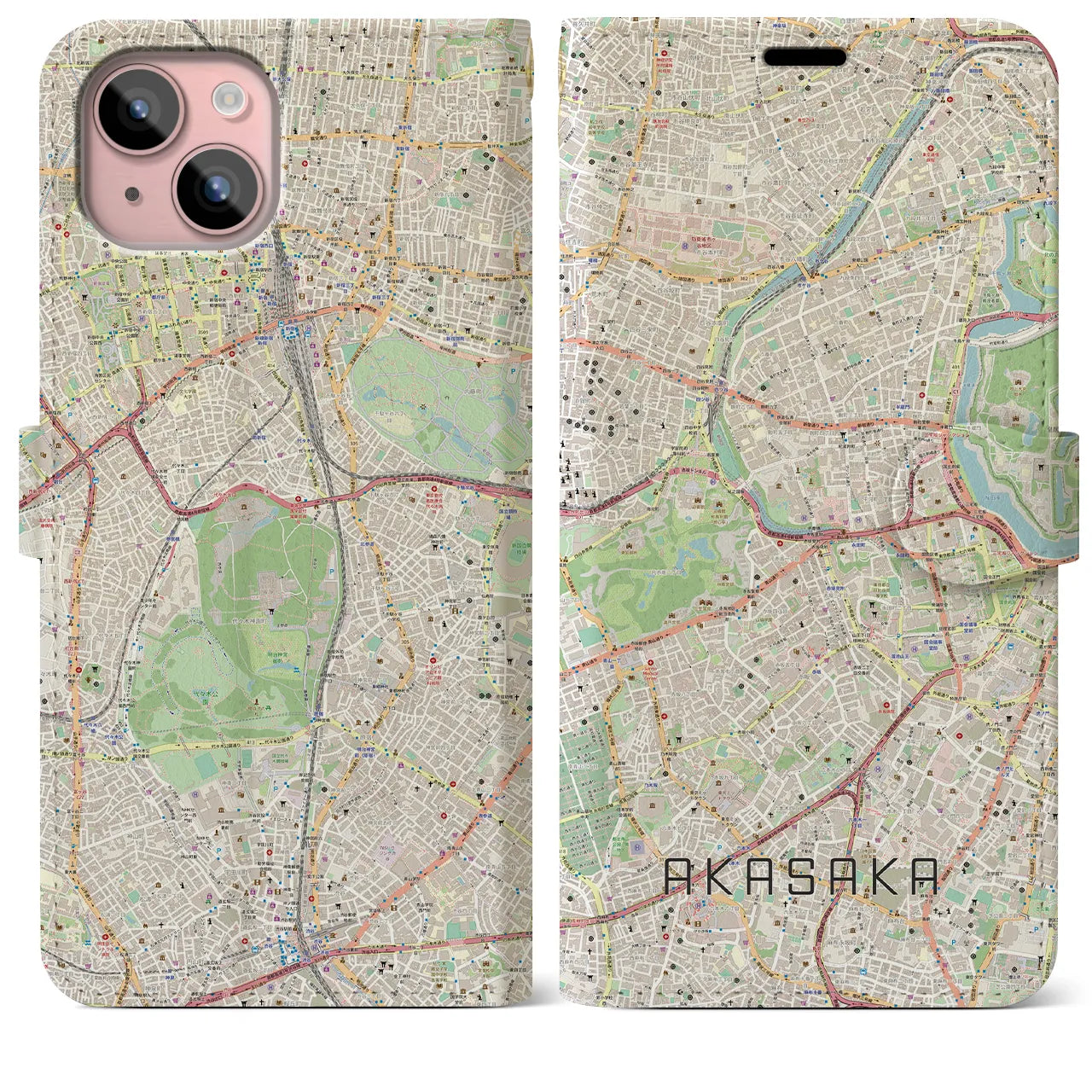 【赤坂】地図柄iPhoneケース（手帳両面タイプ・ナチュラル）iPhone 15 Plus 用