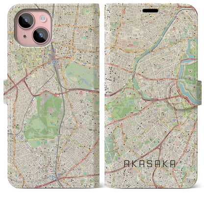 【赤坂（東京都）】地図柄iPhoneケース（手帳タイプ）ナチュラル・iPhone 15 Plus 用