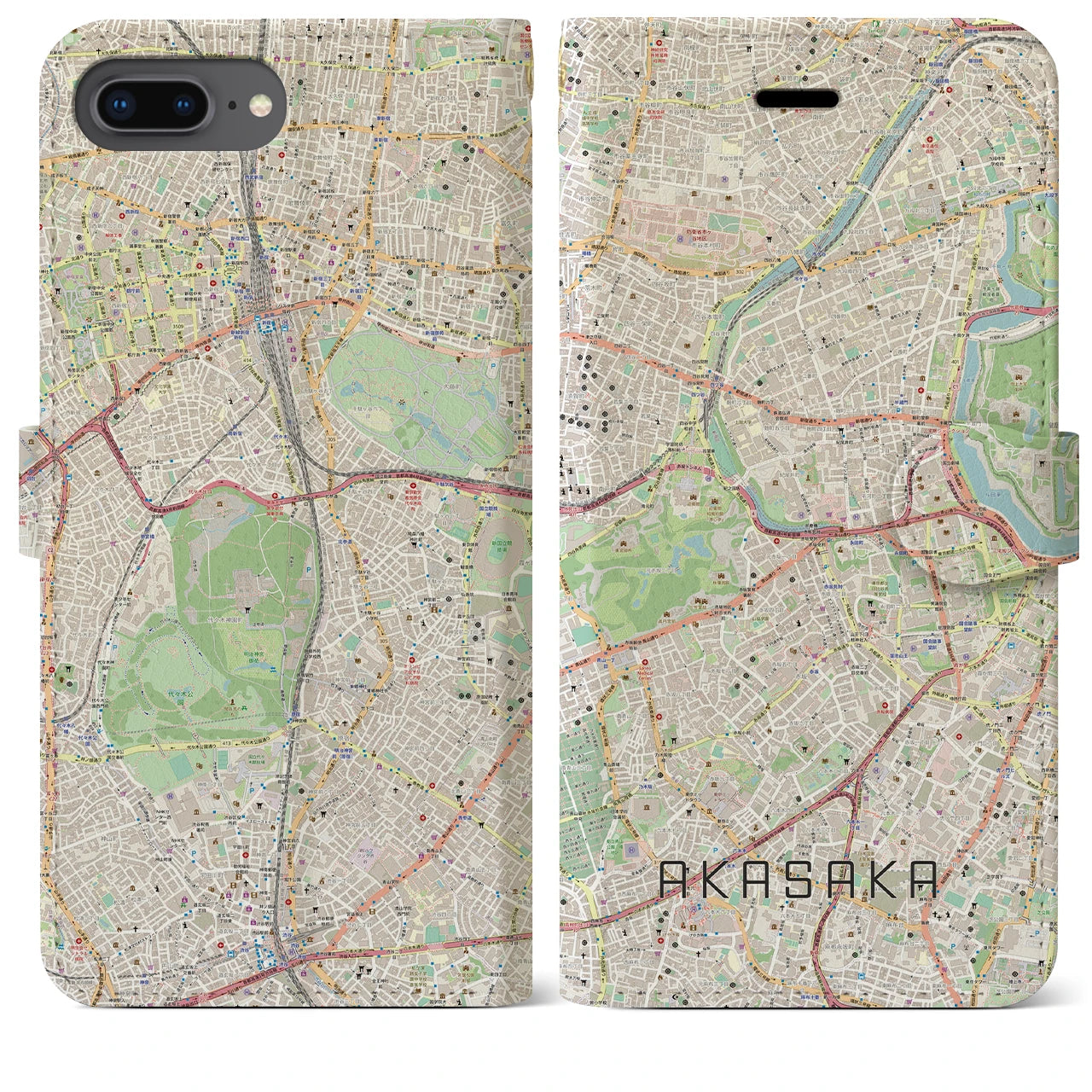 【赤坂】地図柄iPhoneケース（手帳両面タイプ・ナチュラル）iPhone 8Plus /7Plus / 6sPlus / 6Plus 用
