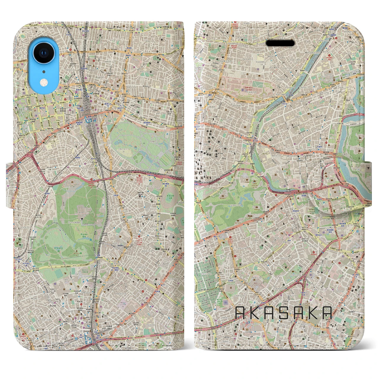 【赤坂】地図柄iPhoneケース（手帳両面タイプ・ナチュラル）iPhone XR 用