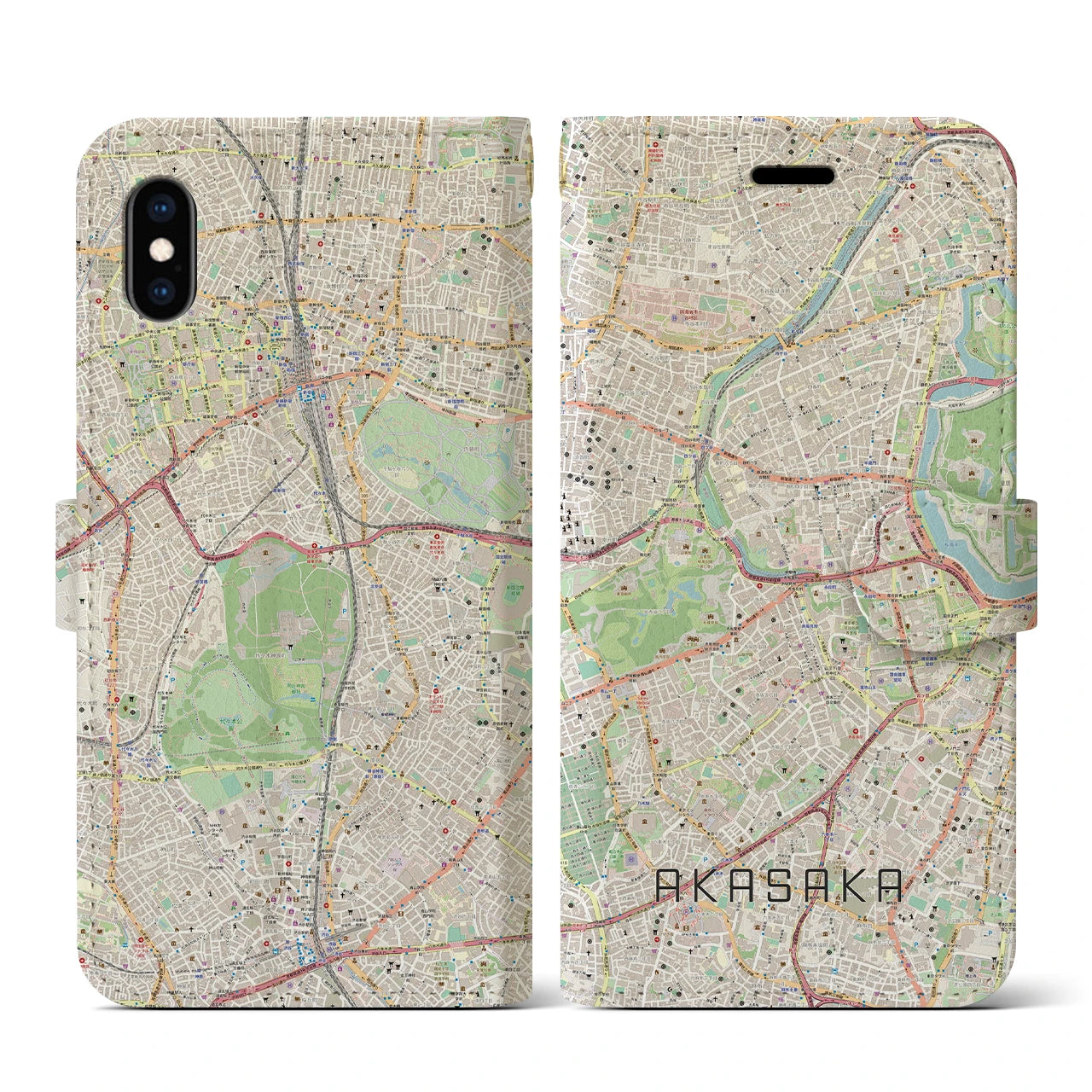 【赤坂】地図柄iPhoneケース（手帳両面タイプ・ナチュラル）iPhone XS / X 用