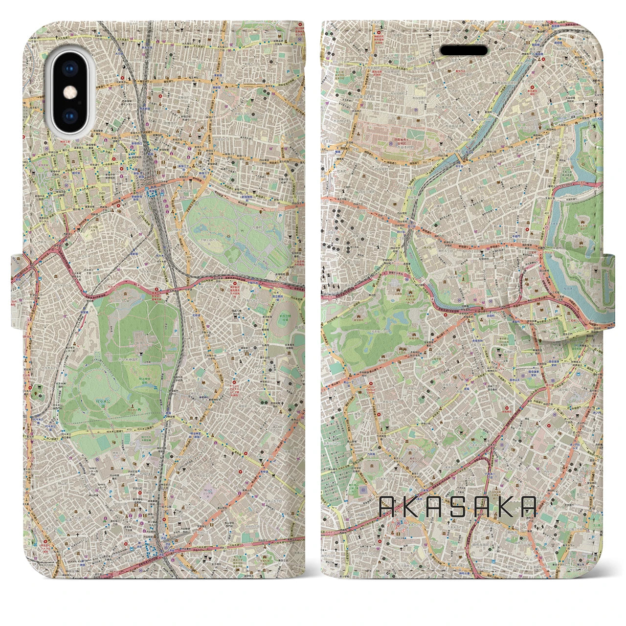 【赤坂】地図柄iPhoneケース（手帳両面タイプ・ナチュラル）iPhone XS Max 用