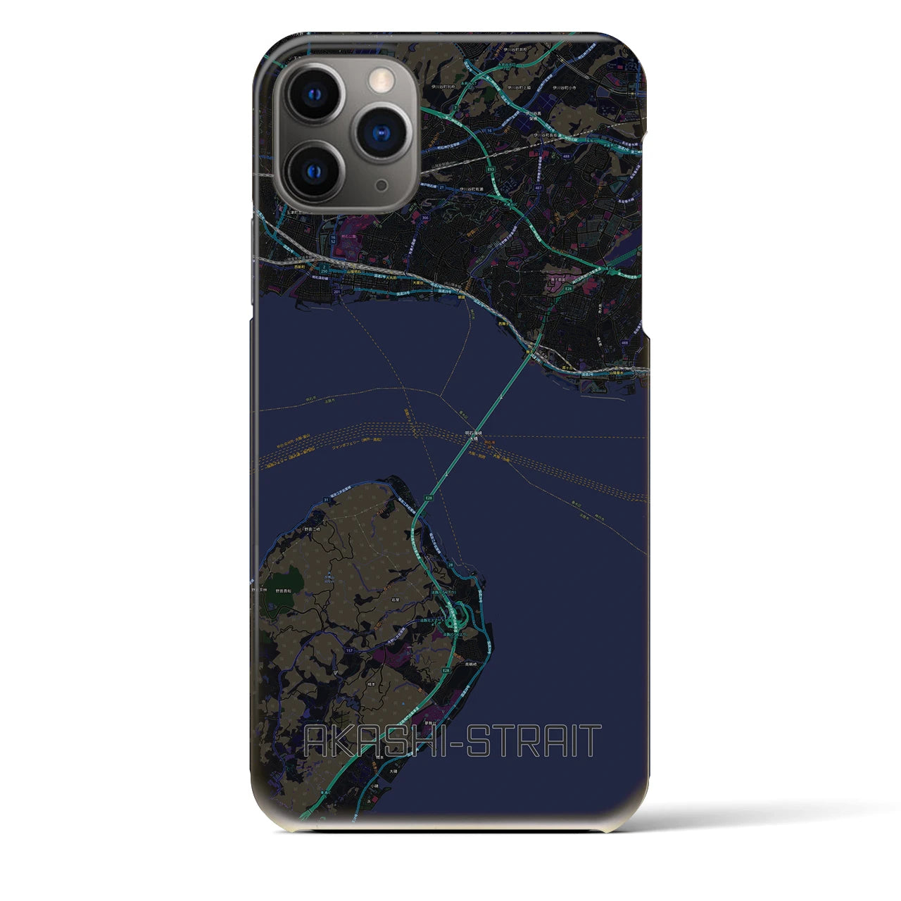 【明石海峡】地図柄iPhoneケース（バックカバータイプ・ブラック）iPhone 11 Pro Max 用