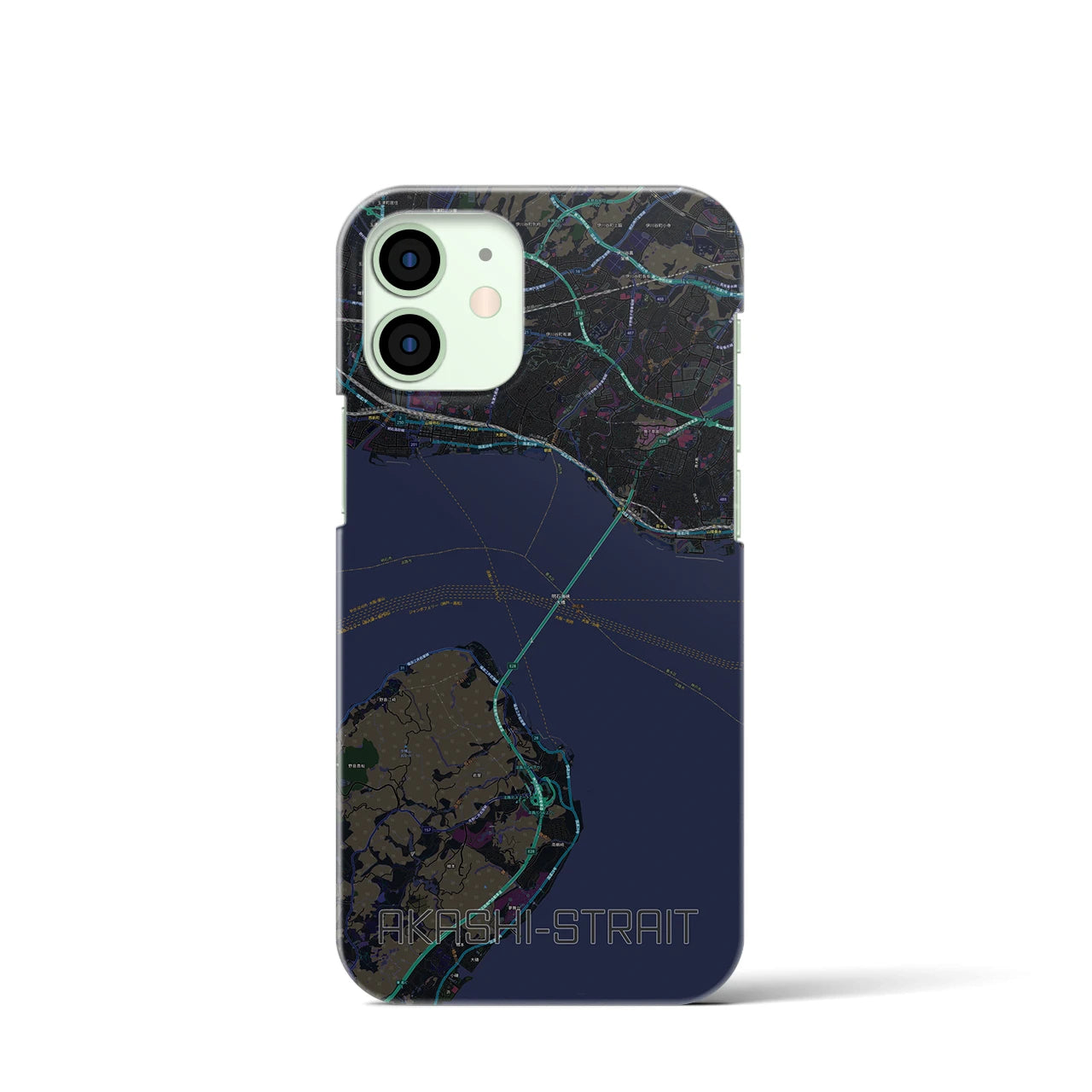 【明石海峡】地図柄iPhoneケース（バックカバータイプ・ブラック）iPhone 12 mini 用