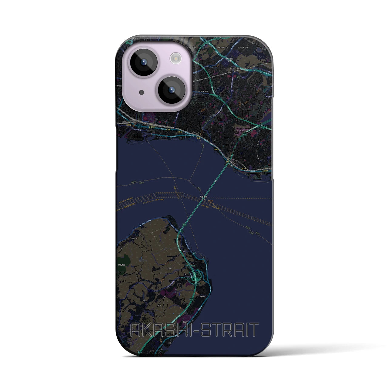 【明石海峡】地図柄iPhoneケース（バックカバータイプ・ブラック）iPhone 14 用