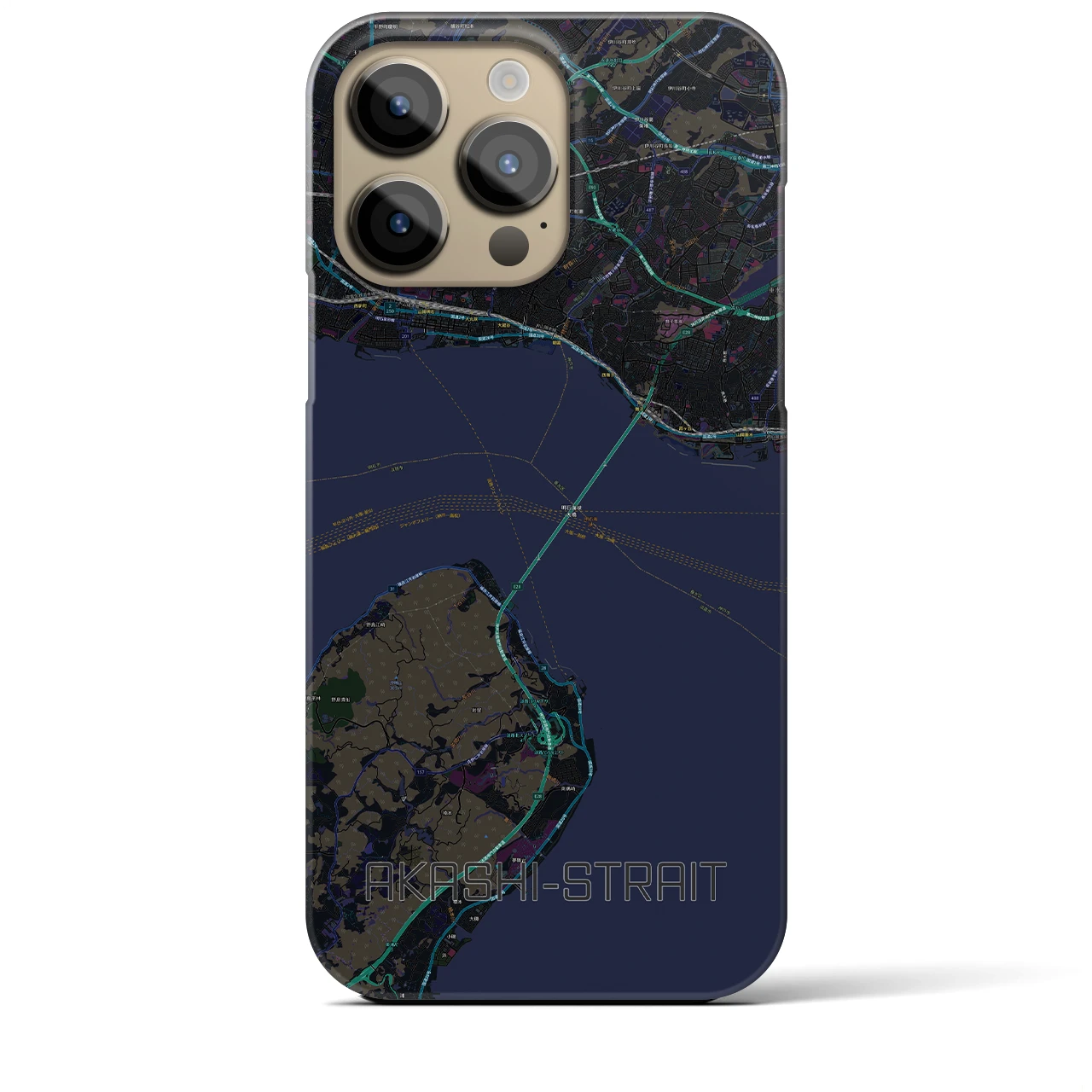 【明石海峡】地図柄iPhoneケース（バックカバータイプ・ブラック）iPhone 14 Pro Max 用