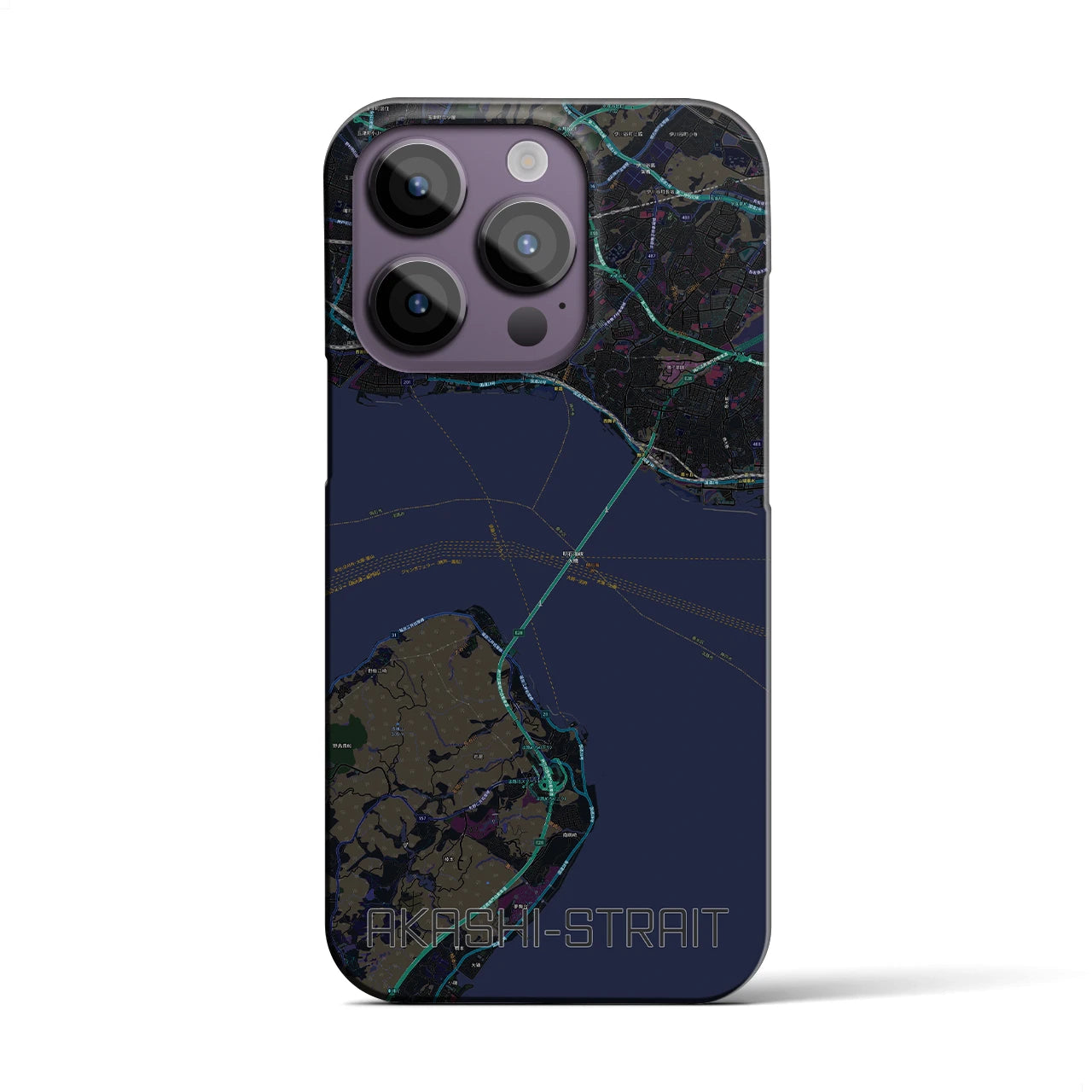 【明石海峡】地図柄iPhoneケース（バックカバータイプ・ブラック）iPhone 14 Pro 用