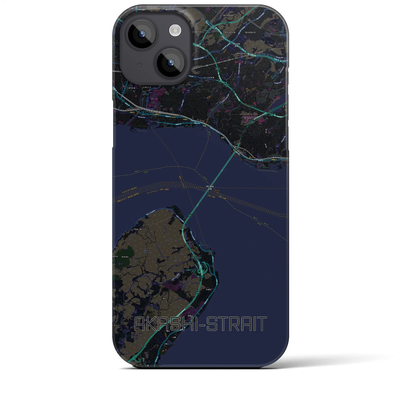 【明石海峡】地図柄iPhoneケース（バックカバータイプ・ブラック）iPhone 14 Plus 用