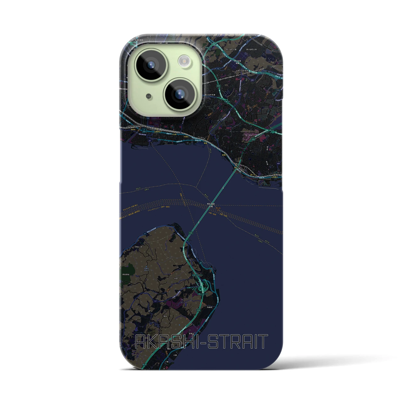 【明石海峡】地図柄iPhoneケース（バックカバータイプ・ブラック）iPhone 15 用