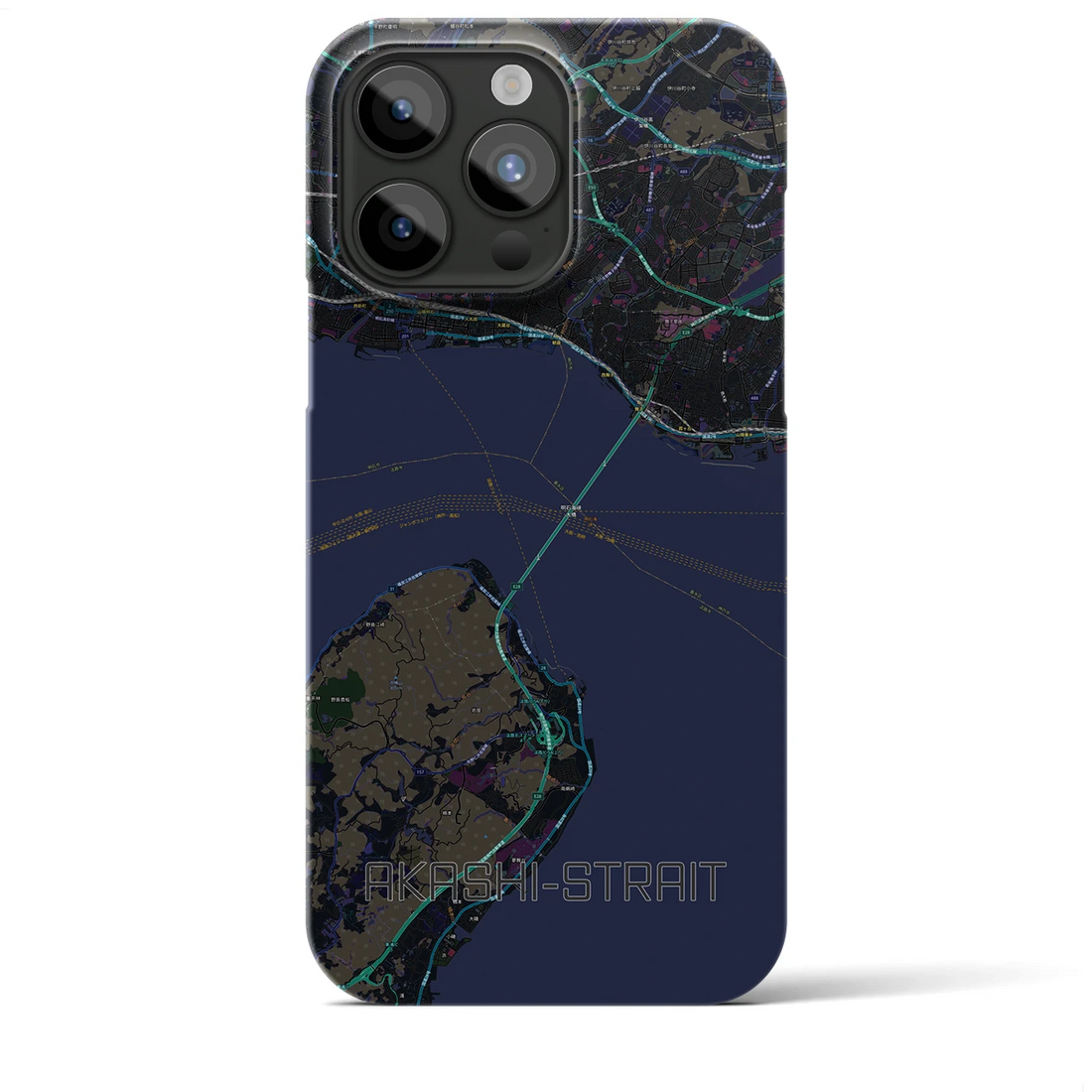 【明石海峡】地図柄iPhoneケース（バックカバータイプ・ブラック）iPhone 15 Pro Max 用