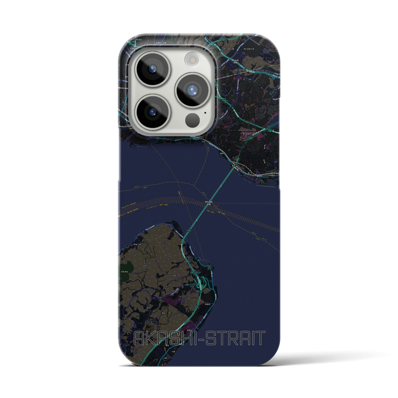 【明石海峡】地図柄iPhoneケース（バックカバータイプ・ブラック）iPhone 15 Pro 用