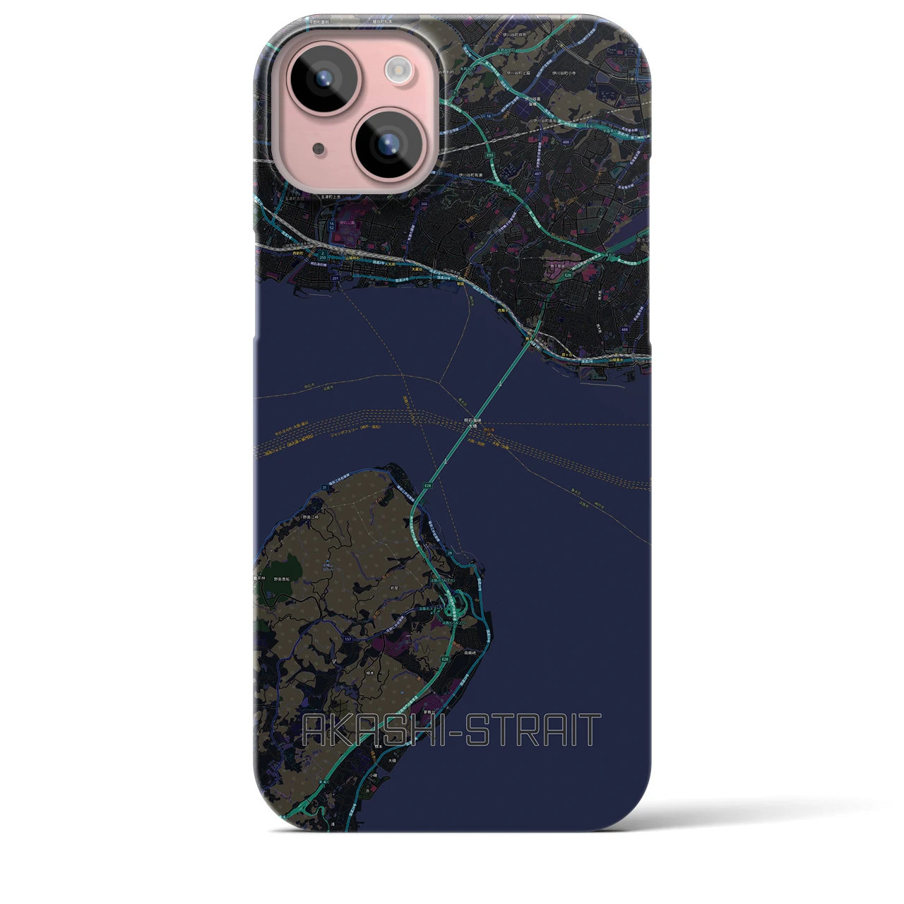 【明石海峡】地図柄iPhoneケース（バックカバータイプ・ブラック）iPhone 15 Plus 用