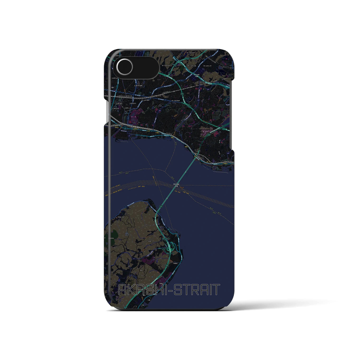 【明石海峡】地図柄iPhoneケース（バックカバータイプ・ブラック）iPhone SE（第3 / 第2世代） / 8 / 7 / 6s / 6 用