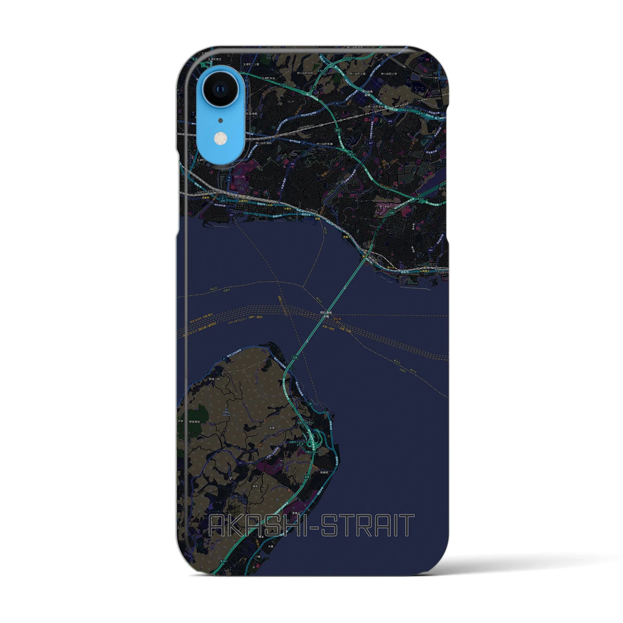 【明石海峡】地図柄iPhoneケース（バックカバータイプ・ブラック）iPhone XR 用