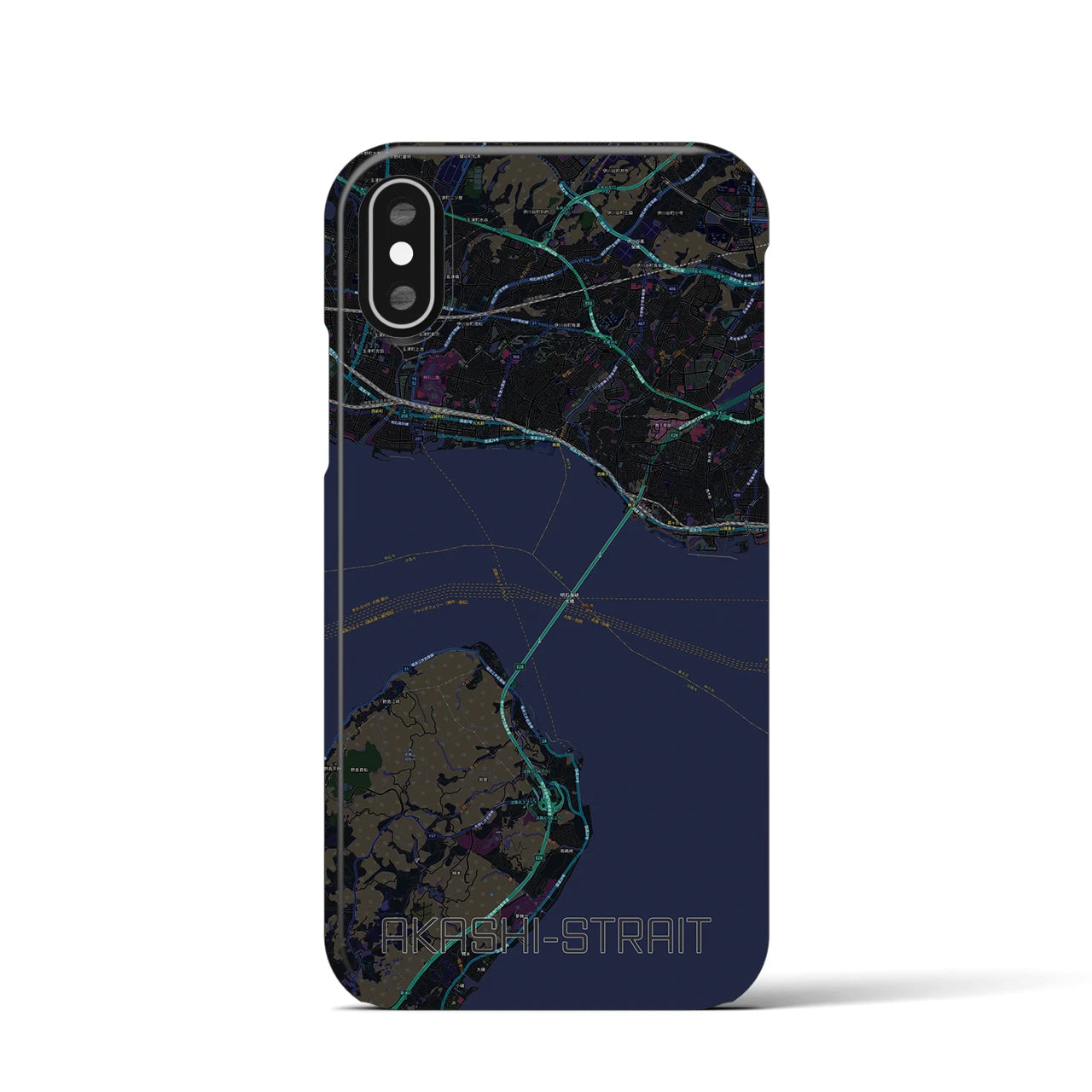 【明石海峡】地図柄iPhoneケース（バックカバータイプ・ブラック）iPhone XS / X 用