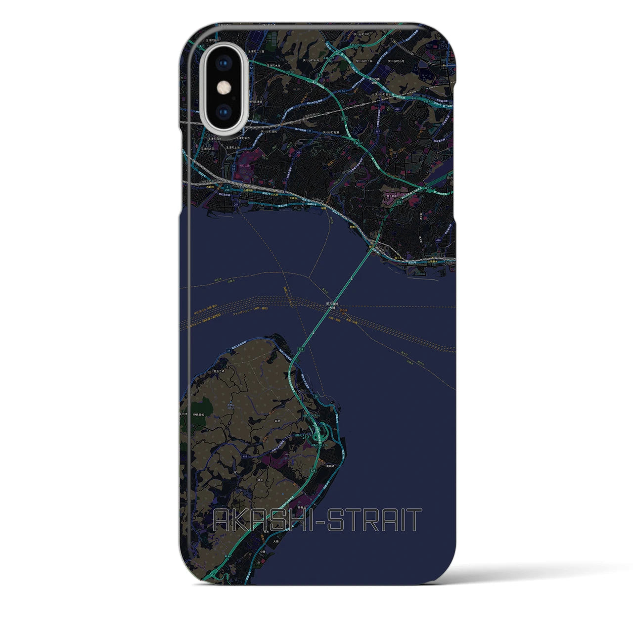 【明石海峡】地図柄iPhoneケース（バックカバータイプ・ブラック）iPhone XS Max 用