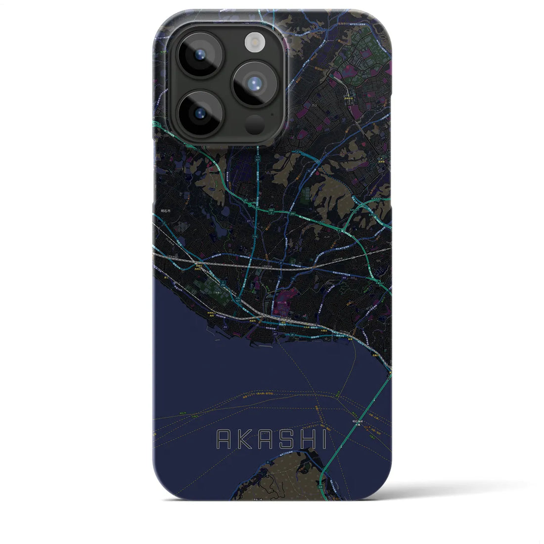 【明石】地図柄iPhoneケース（バックカバータイプ・ブラック）iPhone 15 Pro Max 用