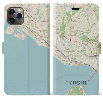 【明石（兵庫県）】地図柄iPhoneケース（手帳タイプ）ナチュラル・iPhone 11 Pro Max 用