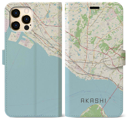 【明石（兵庫県）】地図柄iPhoneケース（手帳タイプ）ナチュラル・iPhone 12 Pro Max 用