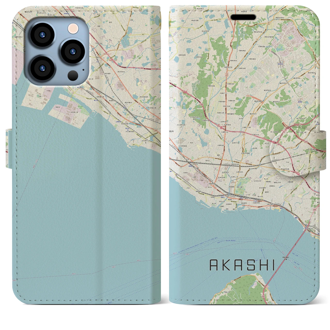 【明石】地図柄iPhoneケース（手帳両面タイプ・ナチュラル）iPhone 13 Pro Max 用
