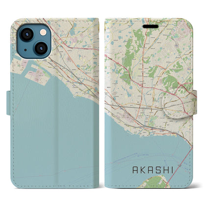【明石（兵庫県）】地図柄iPhoneケース（手帳タイプ）ナチュラル・iPhone 13 用