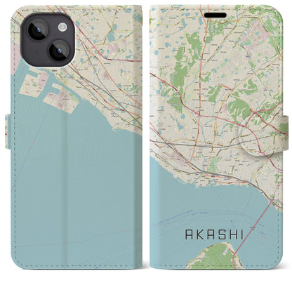 【明石（兵庫県）】地図柄iPhoneケース（手帳タイプ）ナチュラル・iPhone 14 Plus 用