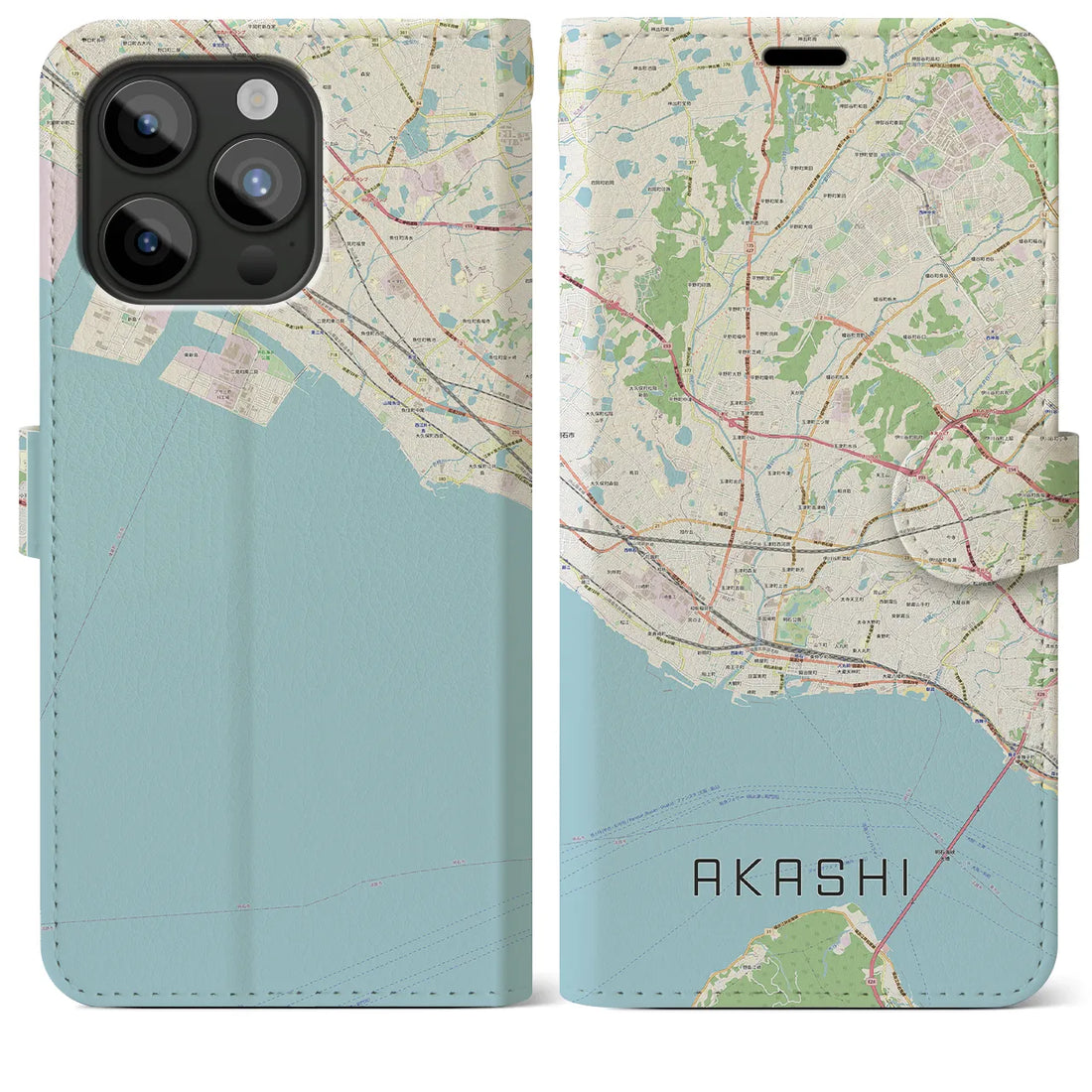 【明石】地図柄iPhoneケース（手帳両面タイプ・ナチュラル）iPhone 15 Pro Max 用