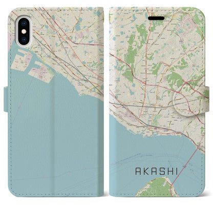 【明石（兵庫県）】地図柄iPhoneケース（手帳タイプ）ナチュラル・iPhone XS Max 用