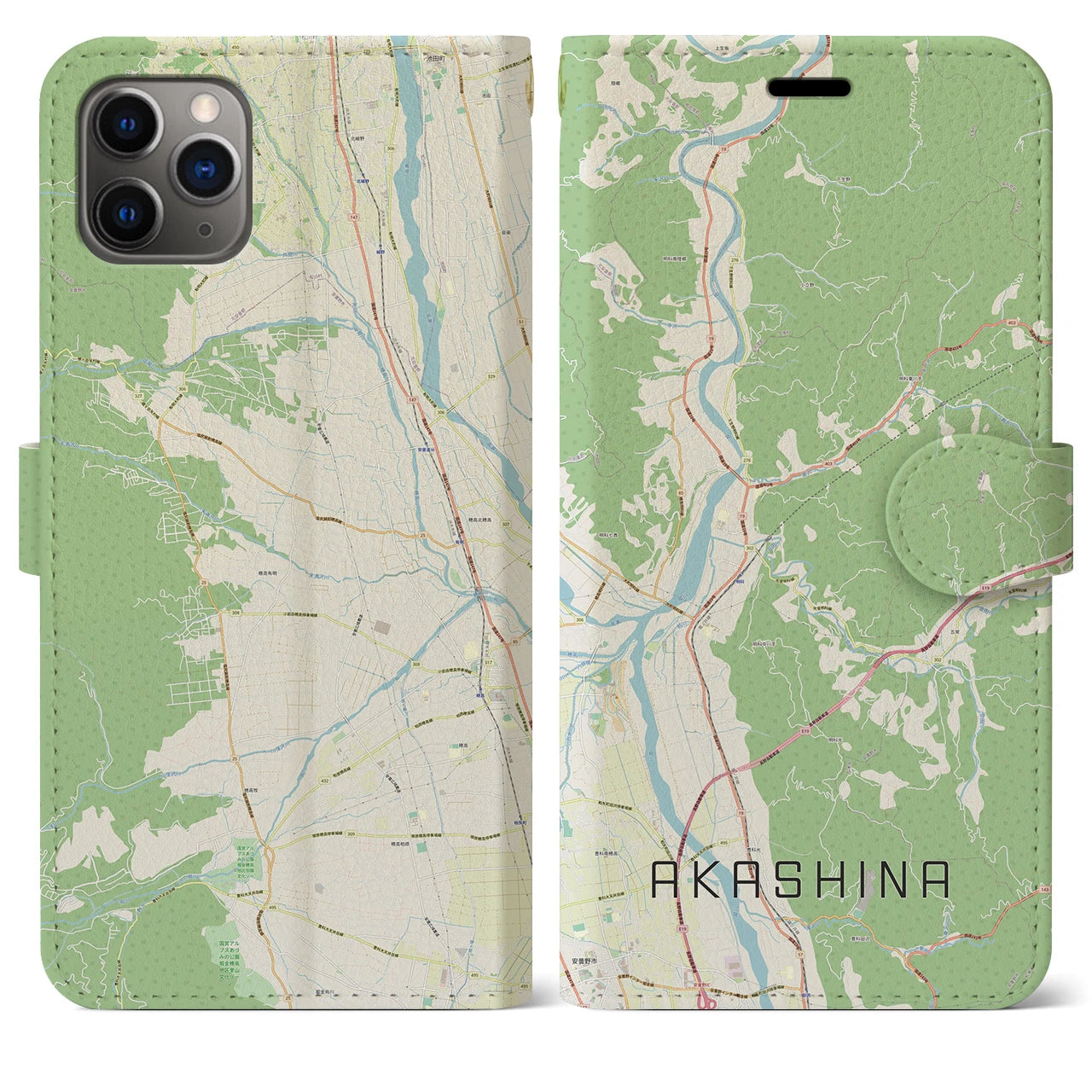 【明科】地図柄iPhoneケース（手帳両面タイプ・ナチュラル）iPhone 11 Pro Max 用