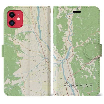 【明科（長野県）】地図柄iPhoneケース（手帳タイプ）ナチュラル・iPhone 11 用
