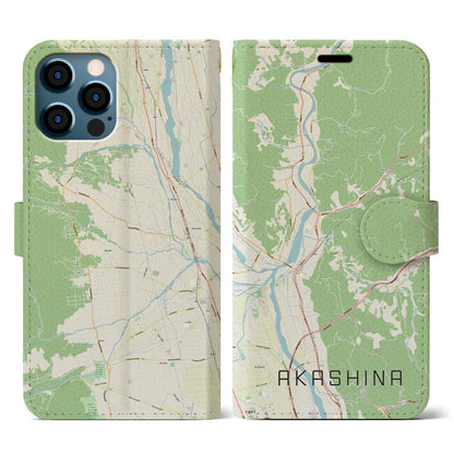【明科（長野県）】地図柄iPhoneケース（手帳タイプ）ナチュラル・iPhone 12 / 12 Pro 用