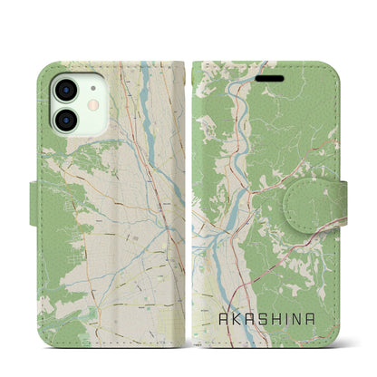 【明科（長野県）】地図柄iPhoneケース（手帳タイプ）ナチュラル・iPhone 12 mini 用