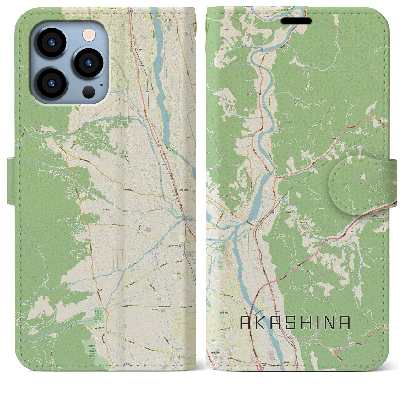 【明科】地図柄iPhoneケース（手帳両面タイプ・ナチュラル）iPhone 13 Pro Max 用