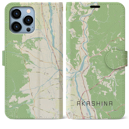 【明科（長野県）】地図柄iPhoneケース（手帳タイプ）ナチュラル・iPhone 13 Pro Max 用