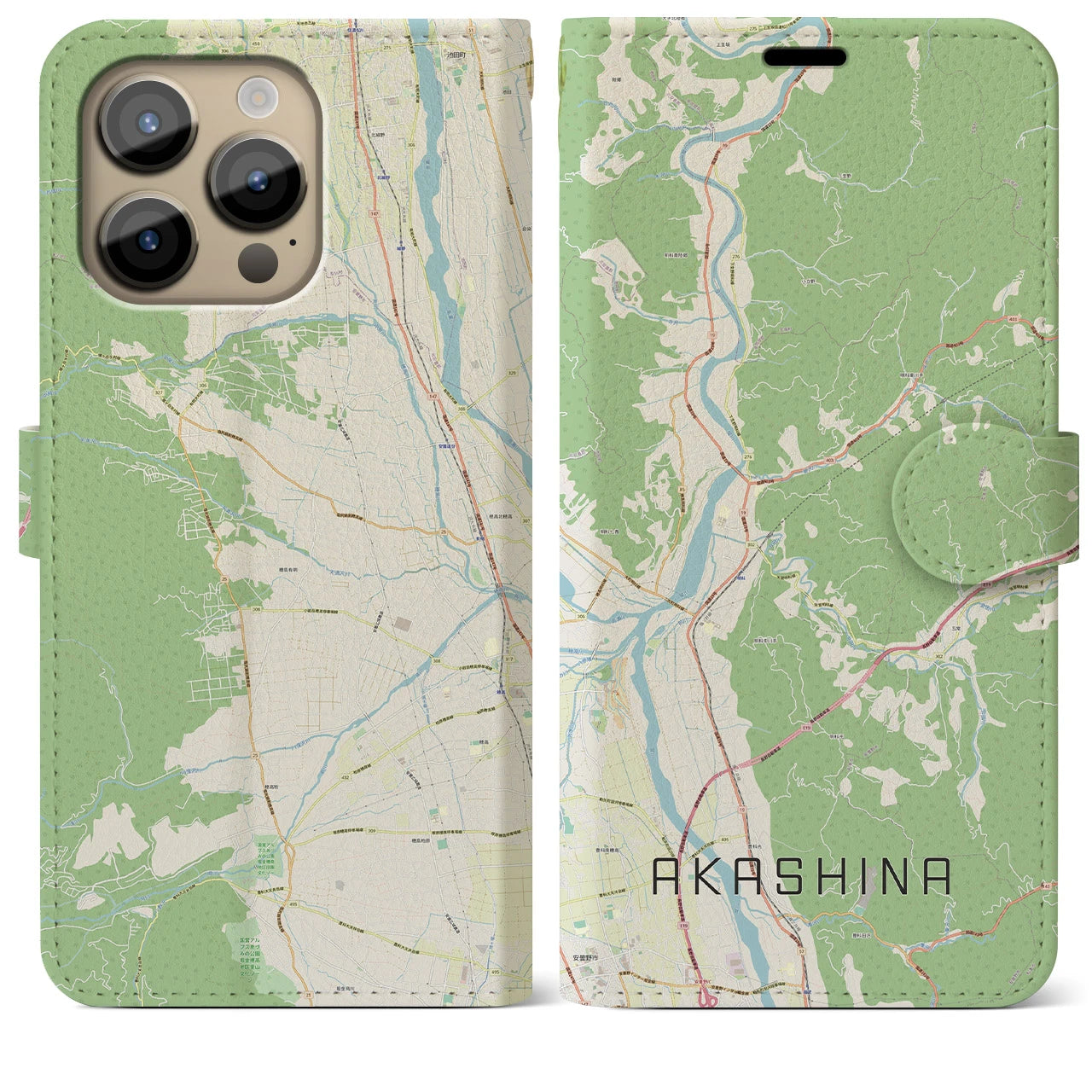 【明科】地図柄iPhoneケース（手帳両面タイプ・ナチュラル）iPhone 14 Pro Max 用