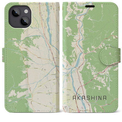 【明科（長野県）】地図柄iPhoneケース（手帳タイプ）ナチュラル・iPhone 14 Plus 用