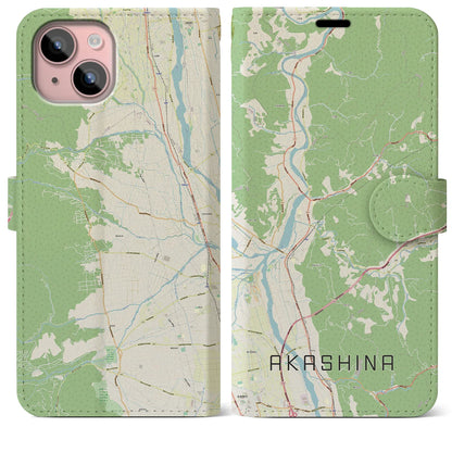 【明科（長野県）】地図柄iPhoneケース（手帳タイプ）ナチュラル・iPhone 15 Plus 用