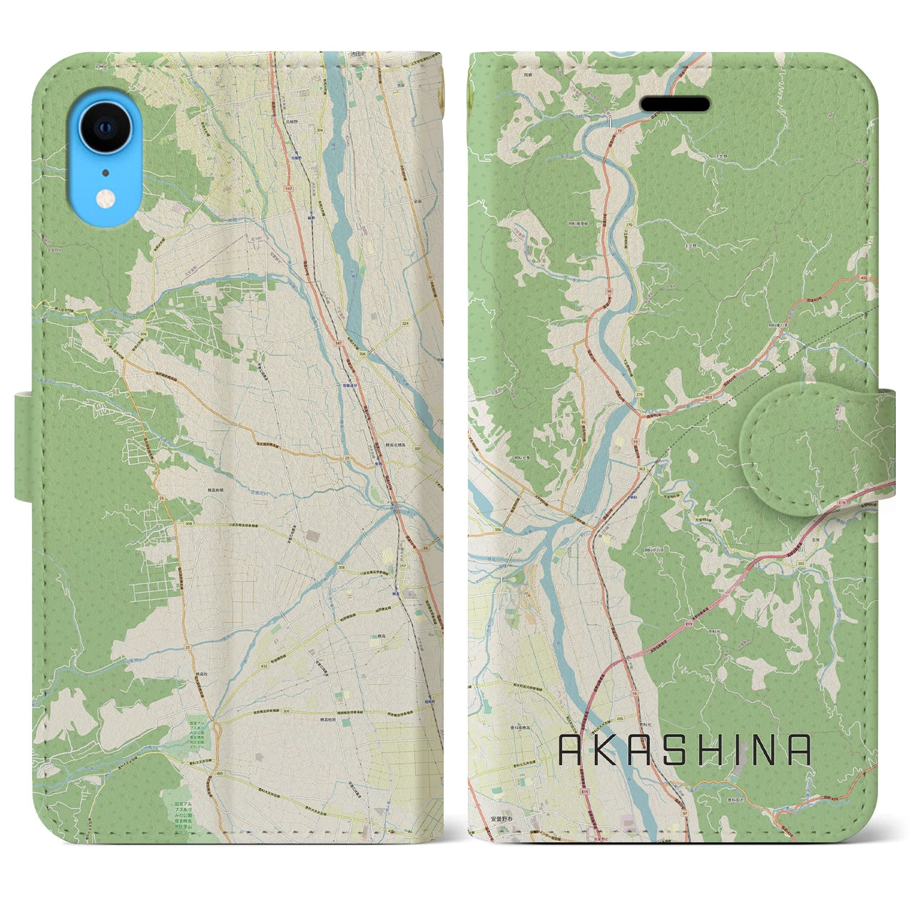 【明科】地図柄iPhoneケース（手帳両面タイプ・ナチュラル）iPhone XR 用