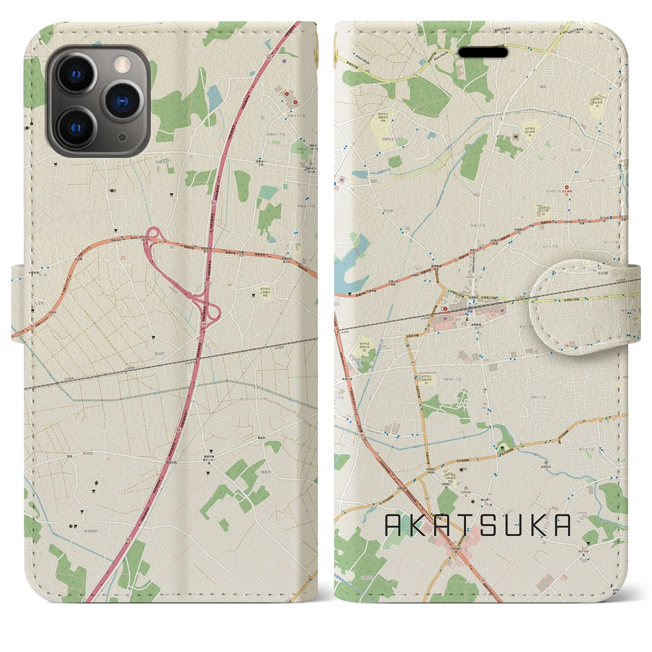 【赤塚】地図柄iPhoneケース（手帳両面タイプ・ナチュラル）iPhone 11 Pro Max 用