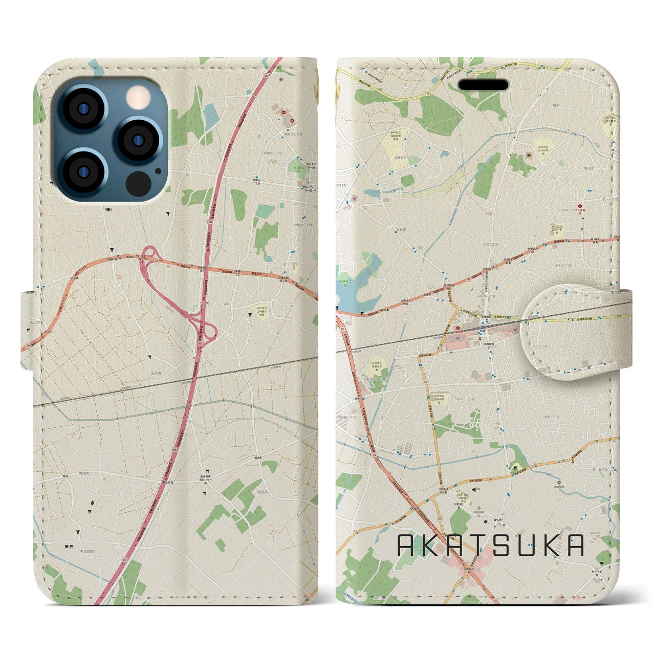 【赤塚】地図柄iPhoneケース（手帳両面タイプ・ナチュラル）iPhone 12 / 12 Pro 用