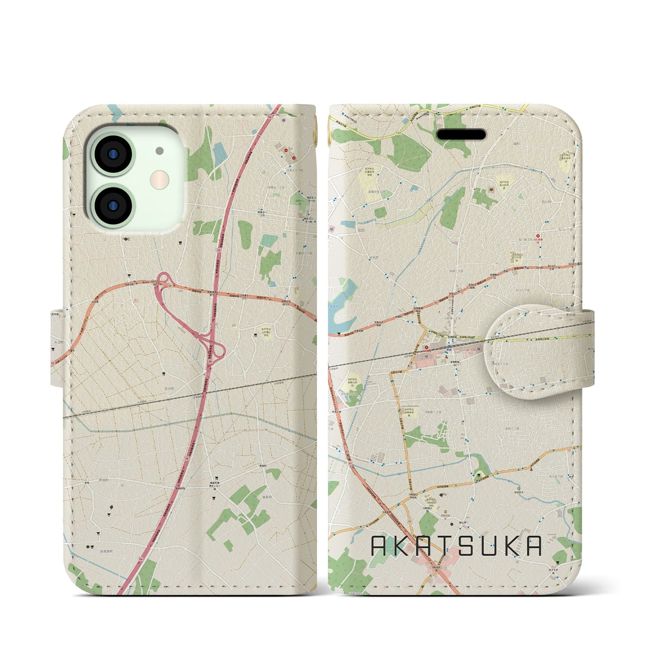 【赤塚】地図柄iPhoneケース（手帳両面タイプ・ナチュラル）iPhone 12 mini 用