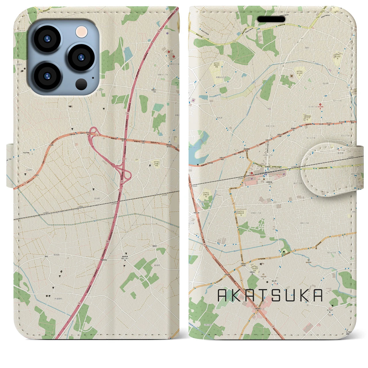 【赤塚】地図柄iPhoneケース（手帳両面タイプ・ナチュラル）iPhone 13 Pro Max 用