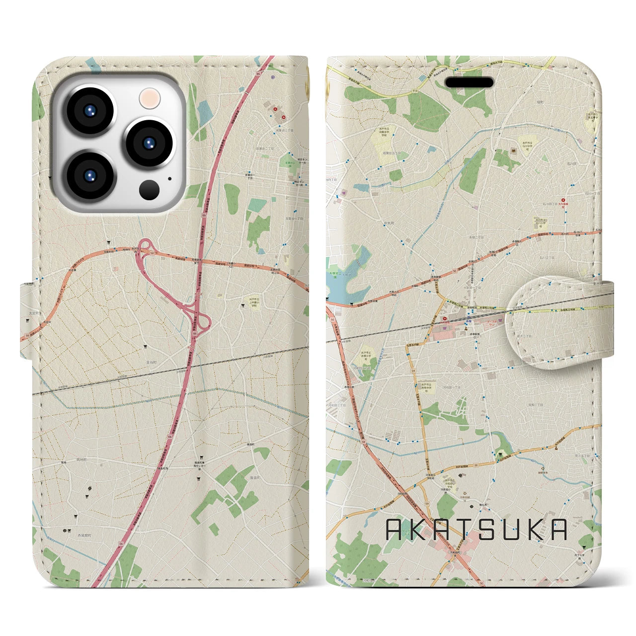 【赤塚】地図柄iPhoneケース（手帳両面タイプ・ナチュラル）iPhone 13 Pro 用