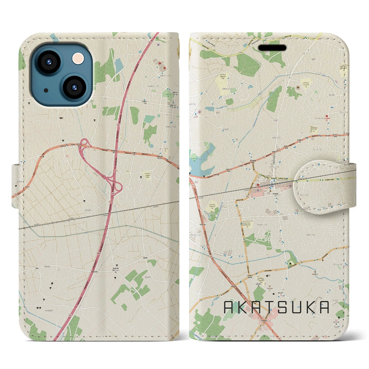 【赤塚】地図柄iPhoneケース（手帳両面タイプ・ナチュラル）iPhone 13 用