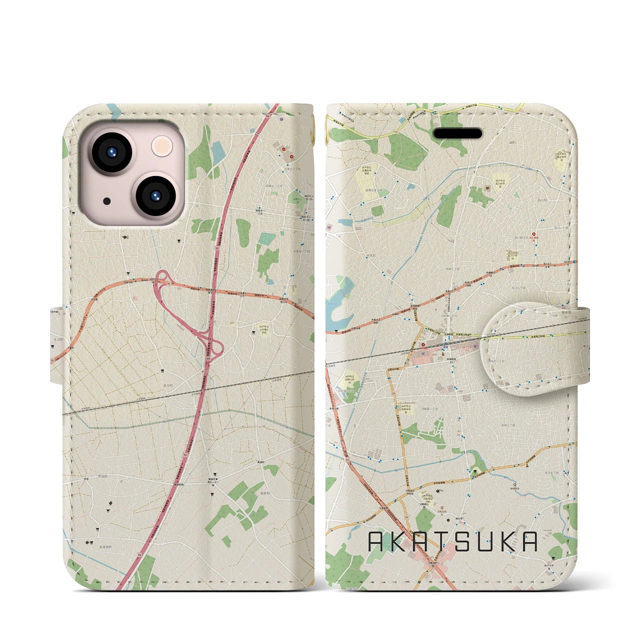【赤塚】地図柄iPhoneケース（手帳両面タイプ・ナチュラル）iPhone 13 mini 用
