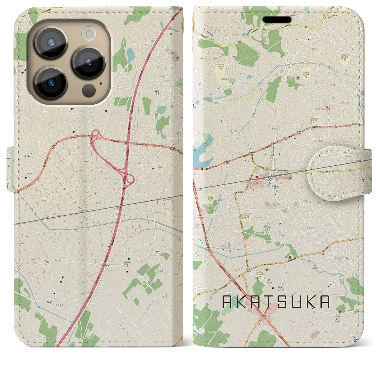 【赤塚】地図柄iPhoneケース（手帳両面タイプ・ナチュラル）iPhone 14 Pro Max 用