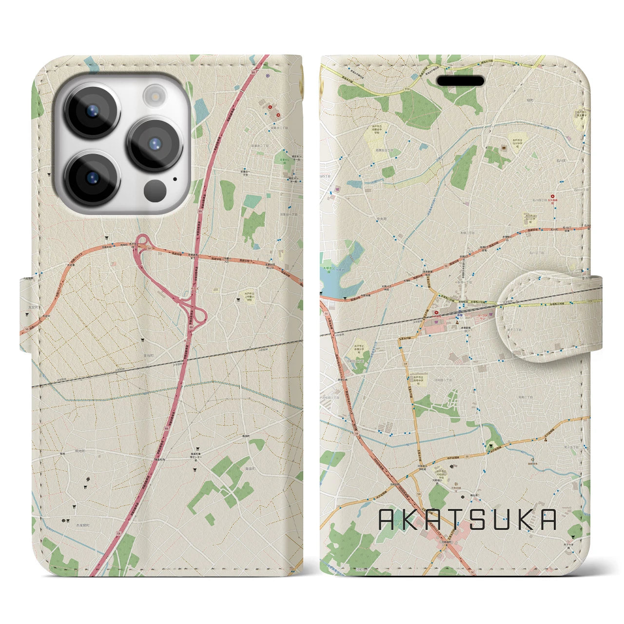 【赤塚】地図柄iPhoneケース（手帳両面タイプ・ナチュラル）iPhone 14 Pro 用