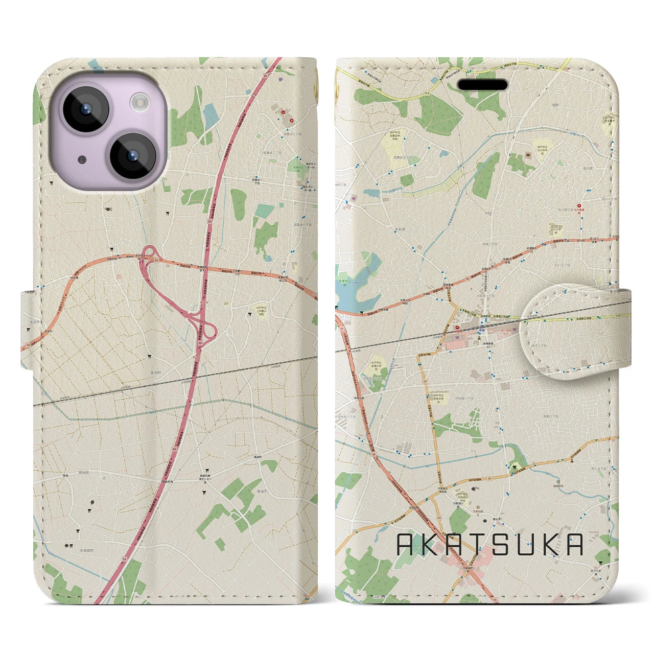 【赤塚】地図柄iPhoneケース（手帳両面タイプ・ナチュラル）iPhone 14 用