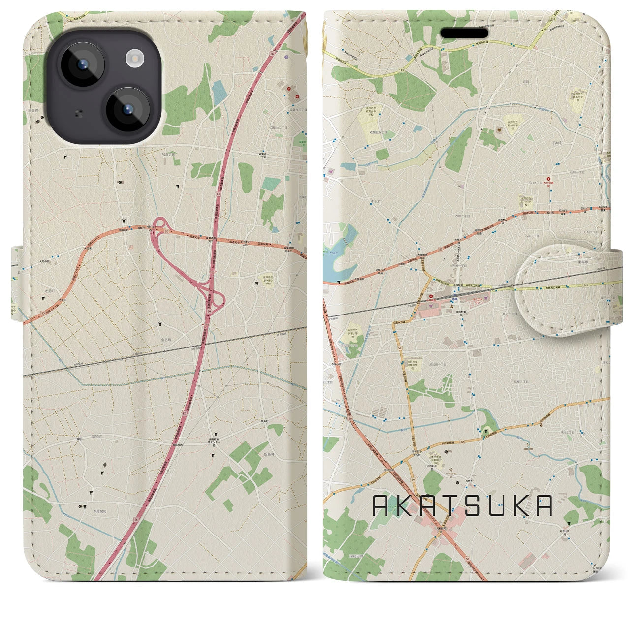 【赤塚】地図柄iPhoneケース（手帳両面タイプ・ナチュラル）iPhone 14 Plus 用