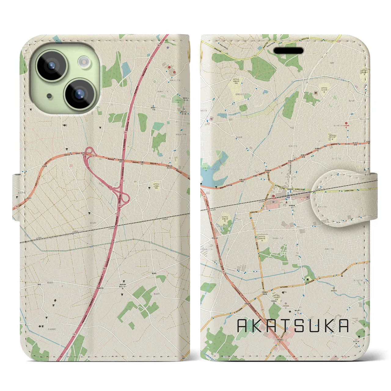 【赤塚】地図柄iPhoneケース（手帳両面タイプ・ナチュラル）iPhone 15 用